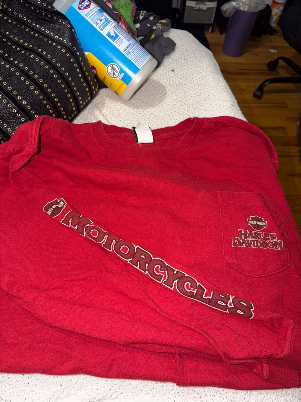 Harley-Davidson Red Long Sleeve Tee with Motorcycles Chest Pocket Logo